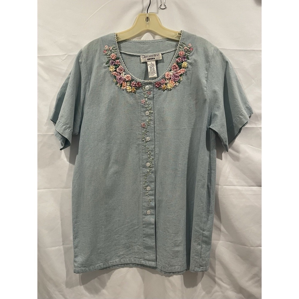 Vintage Clementine Floral Embroidered Blouse Womens‎ Size Medium Blue